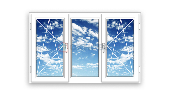 Готовое трехстворчатое окно ПВХ Brusbox поворотно-откидное Maco 2 створки по краям 3 стекла (2200x1500x70)